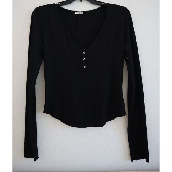 Free People OB1619283 Women's Sz S Black Keep it Basic Long Sleeve Henley Top - Picture 1 of 7